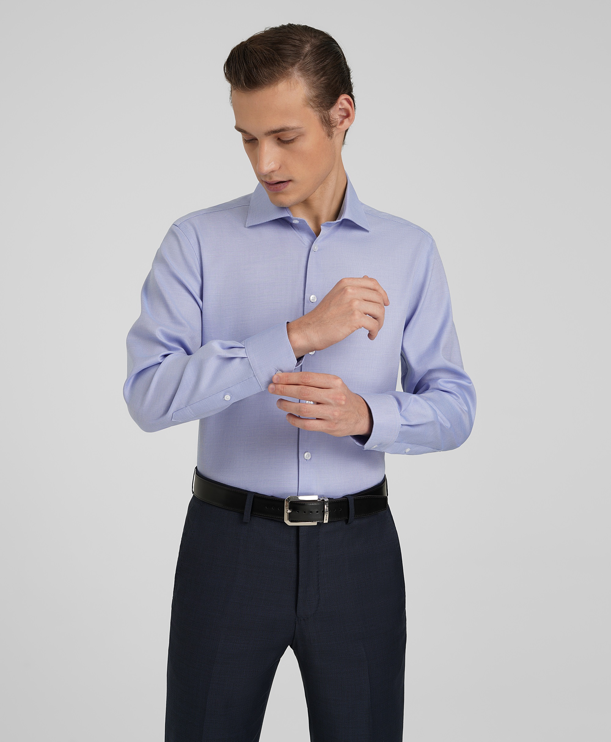 Рубашка прямого кроя из 100% хлопка, не требует утюжки в голубом цвете  SHL-1920-N BLUE- купить в HENDERSON.RU, цена 3 495 ₽